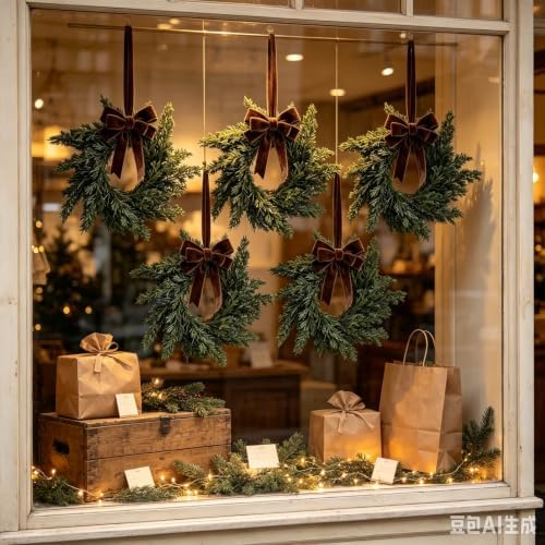 6 Pcs Small 4th of July Hanging Wreaths for Cabinets Patriotic Mini Candle Ring Wreath with Red White Blue Flowers (4, Winter Greenery Cedar Dark Brown Bow) - Image 5