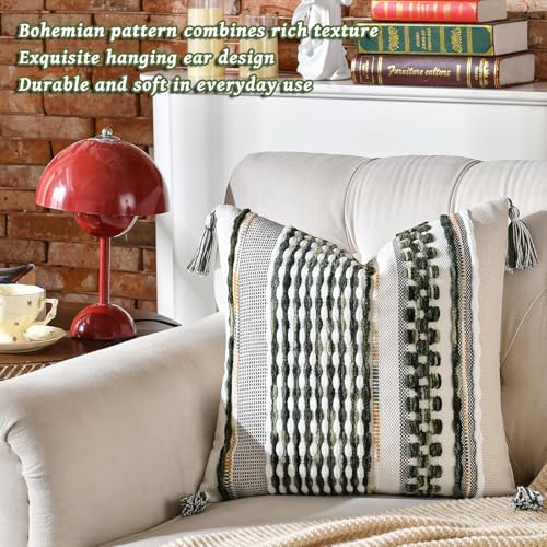 AmHoo Set of 2 Chenille Striped Textured Boho Throw Pillow Covers Aesthetic with Tassels Woven Decorative Pillow Case for Couch Bed Sofa Bedroom Modern Funky 18 x 18-Inch Sage Green - Image 4