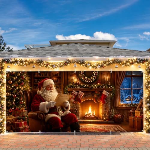 Cozy Christmas Santa Garage Door Banner Mural - Classic Santa Claus Reading Letter by Fireplace Backdrop - Large 7x16ft Winter Holiday Outdoor Wall Decor - DurableFabric Cover for Home Xmas Party - Image 4