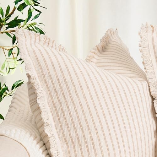 ZWJD Throw Pillow Covers 18x18 Set of 2 Striped Pillow Covers with Fringe Chic Cotton Decorative Pillows Square Cushion Covers for Sofa Couch Bed Living Room Farmhouse Decor, (Khaki) - Image 3