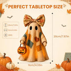 Lighted Vintage Patchwork Ghost Halloween Decor with Light-Up Pumpkin Pail, Tabletop Figurine for Mantel Shelf Entryway (1PC) - Image 2