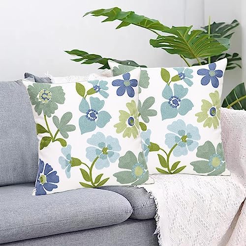 Pack of 2 Embroidered Decorative Throw Pillow Cover 18x18 Inch Farmhouse Floral Pillowcase for Living Room Sofa Bed (Grass Flower) - Image 3