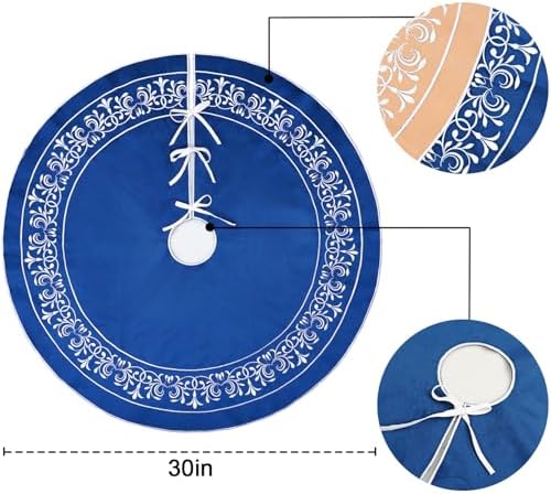 Blue Christmas Tree Skirt Velvet 30 Inch - Floral Embroidered Decoration - Image 4