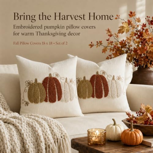 Embroidered Fall Throw Pillow Covers,18x18 Inch Set of 2,Beige - Image 2