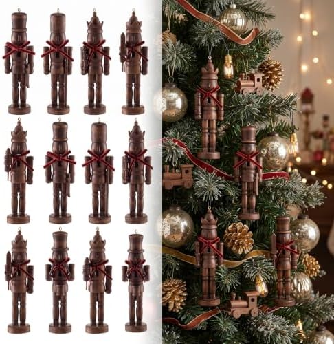 Amyhill 12 Pack Christmas Nutcracker Ornaments 5 Inch Rustic Wood Nutcracker Soldier Figurines with Velvet Bow and Hanging String Vintage Tree Decorations for Christmas Tree Mantle Holiday Decor by Amyhill