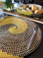 Senegal Placemats/African Bohemian Woven Seagrass Placemats/Natural Wicker Round Basket Placemats/Decorative Hanging Wicker Plates/Hanging Wall Decor (Black & Yellow) - Image 6