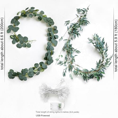 FiveSeasonStuff Eucalyptus and Willow Garlands with 80 LED Star String Lights, 2 Artificial Greenery Vines, Battery-Powered Fairy Lights for Mantels and Wall Displays - Image 6