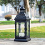 TRIROCKS Rustic Style Metal Candle Lantern 13'' High Decorative Outdoor Lantern Candle Holder with Tempered Glass for Christmas Living Room Garden Patio Parties Indoors Outdoors (Black) - Image 5