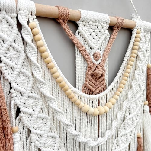 MEIZHIANDME Macrame Wall Hanging, Boho Woven Tapestry Wall Decor, Chic Bohemian Handmade Leaf Feather Wall Art Decorations for Bedroom Living Room Apartment Wedding Party (Leaf & Wood Bead) - Image 6