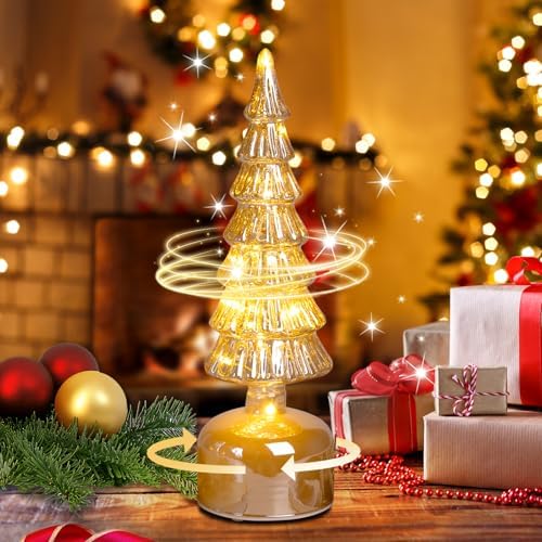 Glass Christmas Trees for Tabletop, Rotating Mercury Glass Christmas Tree Decoration, Sparkling Small Xmas Tree with Lights, Battery Operated Xmas Trees with Timer (Gold) by MJPREMIER
