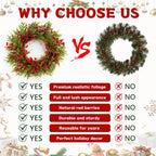 24" Christmas Wreaths for Front Door with Norfolk Pine Xmas Needle Red Berry for Winter Holiday Window Porch Wall Indoors Outdoor - Image 4