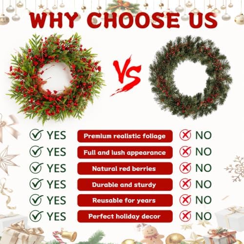 24" Christmas Wreaths for Front Door with Norfolk Pine Xmas Needle Red Berry for Winter Holiday Window Porch Wall Indoors Outdoor - Image 4