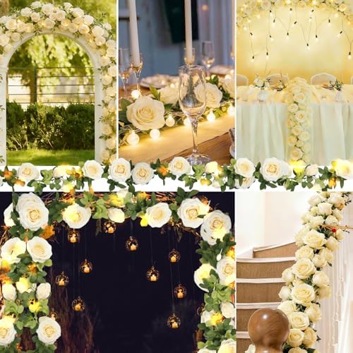 Flower Garland with Lights, 4 Packs 7FT White Floral Rose Flower Eucalyptus Garland Decor, Artificial Faux Leaves Greenery Vines for Table Runner Wedding Centerpieces Backdrop Decor (Warm Color) - Image 7