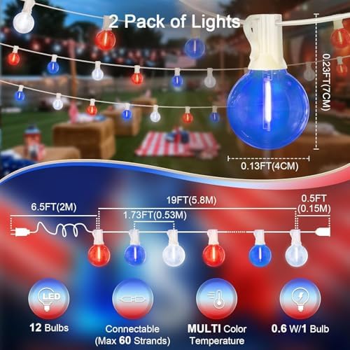 LAMPHOME 2-Pack 26Ft Outdoor Red White Blue String Lights, Patriotic Patio Light with 12+1 Edison Bulbs, LED Shatterproof String Lights for Outside Bistro Christmas Patio Party Decorations - Image 2