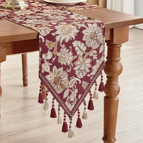 Loom and Mill Vintage Jacquard Damask Table Runner 13x72 inch, Burgundy - Image 3