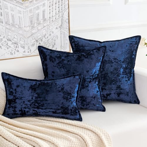 Premium Series, Crushed Velvet Throw Pillow Covers, Luxury Thick Cushion Cases for Home Decor, Navy Blue, 12x20 Inch, Covers Only by HERAYLI