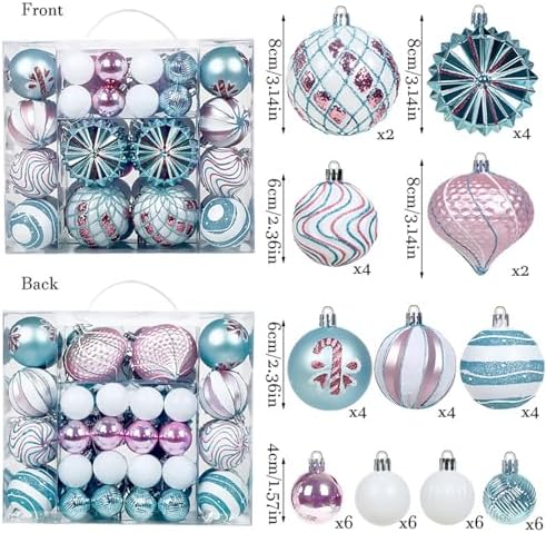 48 Pcs Christmas Balls Ornaments for Christmas Tree, Painted Shatterproof Plastic Decorative Baubles Hanging Ornaments for Xmas Tree Wreath Holiday Party Wedding Decoration, Blue White Pink - Image 2