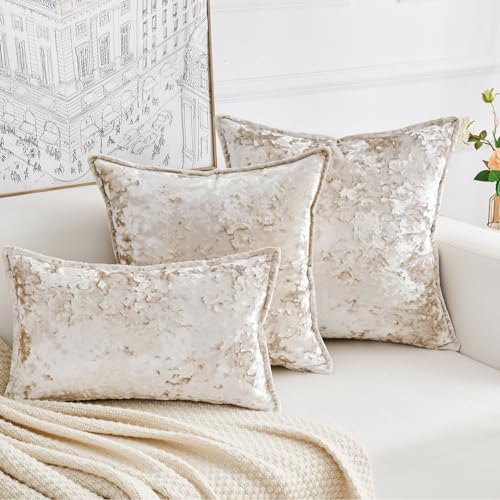 Premium Series, Crushed Velvet Throw Pillow Covers, Luxury Thick Cushion Cases for Home Decor, Cream White, 12x20 Inch, Covers Only by HERAYLI