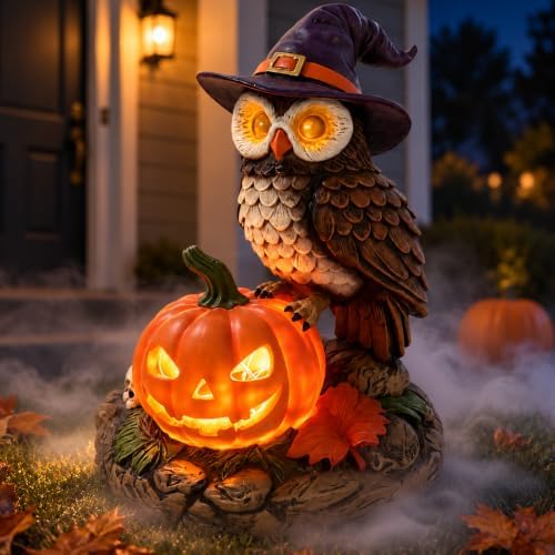 Solar Halloween Owl Figurine Light, Lighted Resin Owl Statue with Pumpkin, Outdoor Garden Decor for Porch, Yard and Patio, Seasonal Landscape Decoration by HalpssfmGardenDecor-Gift