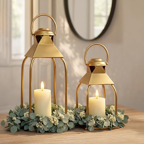 Decorative Metal Lanterns Indoor Outdoor, Candle Holder for Porch, Patio, Fireplace, Floor, Wedding, Christmas, Fall, Holiday, Farmhouse Table Centerpiece (Gold, Set of 2 15.7" 12") by ZLFart