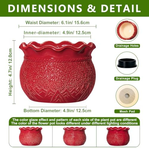 Ceramic Planter 6 Inch, Ceramic Plant Pots for Indoor Plants, Red - Image 2
