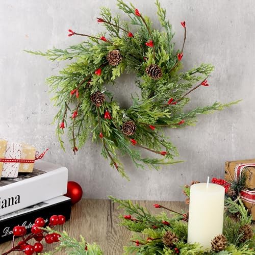 12 Pcs 9 Inch Christmas Wreaths for Kitchen Cabinet Artificial Cedar Pine Hanging Wreath with Red Berries Pine Needles for Front Door Xmas Swag Wreaths for Christmas Winter Farmhouse Home Decorations - Image 2
