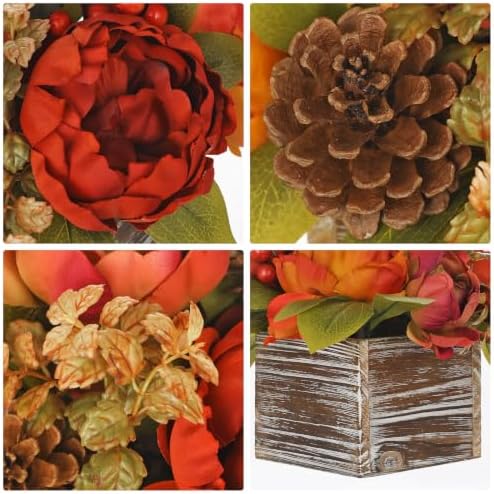 Fall Peonies Artificial Flowers Arrangements In Rustic Square Wooden Box - Image 4