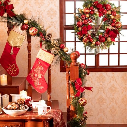 Valery Madelyn 30" Pre-Lit Large Christmas Wreath for Front Door Red Gold - Image 2