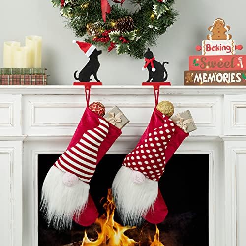 Glitzhome Cat and Dog Christmas Stocking Holders, Set of 2 Wooden/Metal Fireplace Mantel Holiday Decor Pet-Themed Sock Hangers with Scarf & Hat Design - Image 3