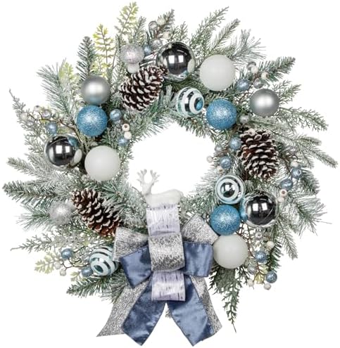 24" Christmas Wreath for Front Door Artificial Unlit Winter Wreath with Pine Cones, Berry Clusters, Blue Ball Ornaments and Ribbon for Thanksgiving Holiday Christmas Decoration by Arborus