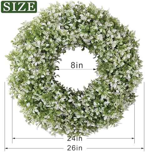 26" Large Artificial Boxwood Wreath for Front Door Decoration (White-Green) - Image 5