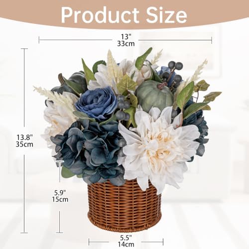 Hollyone 13.8" Fall Flowers Arrangement in Baskets Pot Outdoor Indoor Fake Pumpkin Hydrangea Peonies Artificial Flower in Woven Baskets Fall Decor Blue White Faux Plants Porch Home Autumn Decorations - Image 2