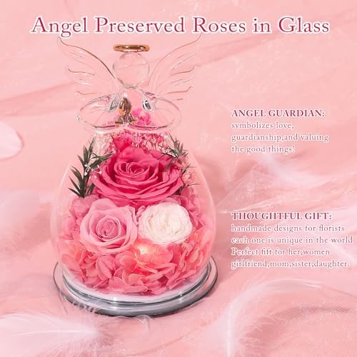 Gifts for Women Preserved Rose Forever Flower in Glass Angel Figurines Fresh Flowers for Delivery Prime Mothers Day Birthday Gifts for Mom Real Pink Roses for Grandma Sister Wife Her from Daughter - Image 6