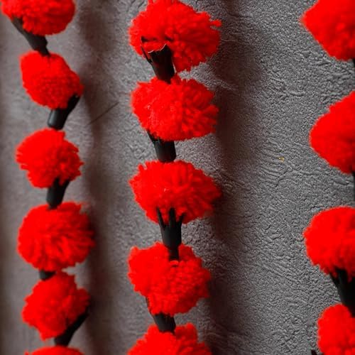 3.5 Ft Red Woolen Marigold Garland | Artificial Flower Garlands | Hosuewarming Indian Wedding Decoration | Woolen Bulk Floral Garlands Wall Decor, Backdrop, Diwali Décor | (Pack of 5) - Image 2