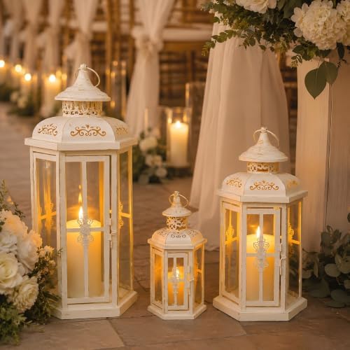 JHY DESIGN Set of 3 Decorative Candle Lanterns 20''&14"&10" H Outdoor Candle Lanterns Vintage Metal Cand leholder for Indoor Outdoor, Events, Parities and Weddings(White with Gold Brush) - Image 2