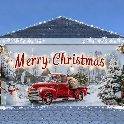 Christmas Garage Door Banner 7x16FT, Red Vintage Truck Merry Christmas Garage Door Cover, Large Outdoor Xmas Garage Decoration for Driveway and House Front - Image 2