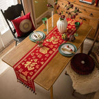 Chinese Red Jacquard Table Runner with Fu Character Festive Tassel Table Cloth Bed Scarf for Lunar New Year Wedding Party Decor (Red, 13 "x70 ) - Image 5