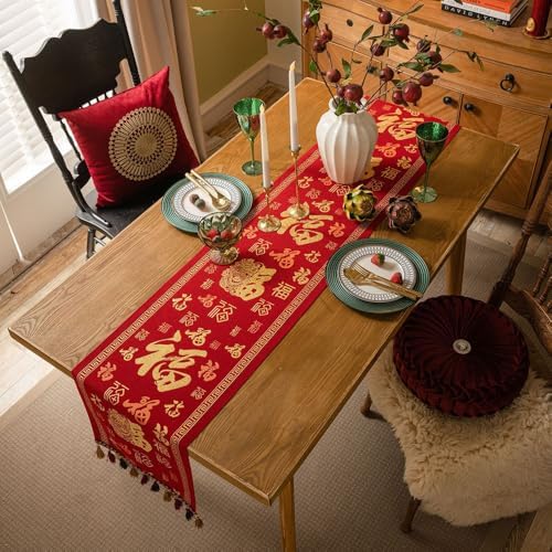 Chinese Red Jacquard Table Runner with Fu Character Festive Tassel Table Cloth Bed Scarf for Lunar New Year Wedding Party Decor (Red, 13 "x70 ) - Image 5