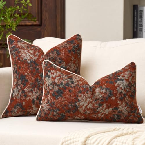 FANAMI Vintage Floral Throw Pillow Covers 18x18 Set of 2 Boho Farmhouse Accent Pillowcase Neutral Modern Chenille Square Decorative Cushion Covers for Couch Sofa Bed Living Room Home Decor, Rust - Image 4
