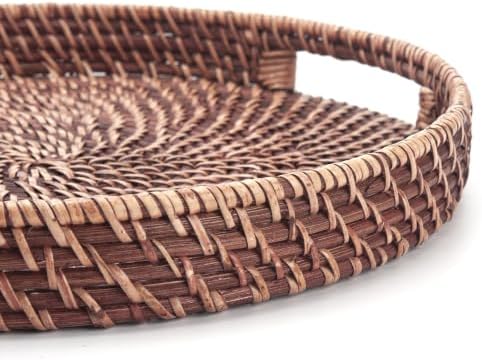 Round Rattan Woven Serving Tray with Handles Ottoman Tray for Breakfast, Drinks, Snacks for Coffee Table, Home Decorative (Honey Brown, 13.8"x2") - Image 4