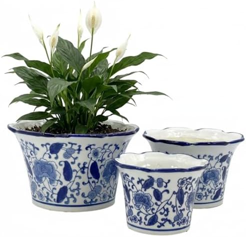 Galt International Blue & White Floral Porcelain Ceramic Decorative Flower Pot 8"/6"/4.5" Garden Pots Chinese Asian Design - Set of 3 Cylinder Fluted Edge - Image 3