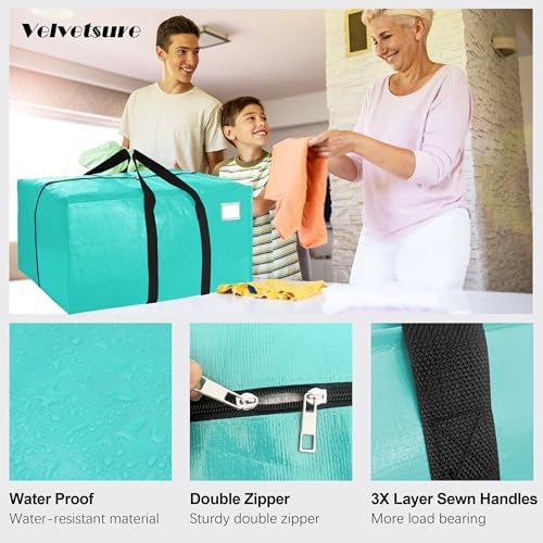 VELVETSURE 6 Pack Heavy Duty Large Moving Bags W/Backpack Straps - Strong Handles & Zippers, Storage Totes For Space Saving, Fold Flat, Alternative to Moving Box and Storage Bin, Aquamarine - Image 3