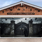 Large Halloween Garage Door Banner 7x16ft Skull Gate Black Crows Spooky Halloween Garage Door Cover for 2 Car Scary Night Party Decorations for Outside Banners Photography Backdrop by Lexfvpoo