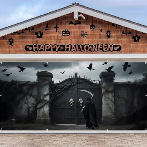 Large Halloween Garage Door Banner 7x16ft Skull Gate Black Crows Spooky Halloween Garage Door Cover for 2 Car Scary Night Party Decorations for Outside Banners Photography Backdrop by Lexfvpoo