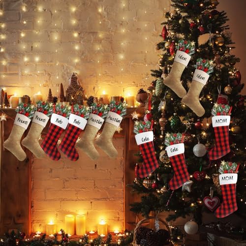 Tatuo 12 Pack Christmas Burlap Stockings Hanging,Light Brown, Red Black - Image 5