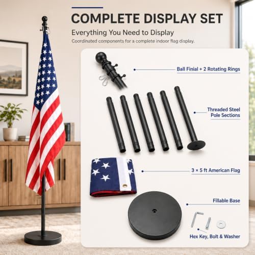 American Flag with Pole and Stand - Heavy Duty 1" Free Standing Indoor Flagpole Set with 3x5ft Embroidered US Flags,Weighted Base, 6-8 FT Adjustable Portable For Office, Church,School (Black) - Image 7