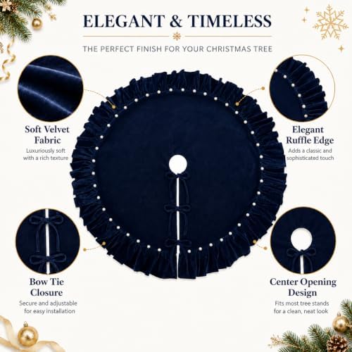 Nevy Velvet Christmas Tree Skirt with Ruffled Edge&Pearl,60" - Image 7
