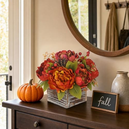 Fall Peonies Artificial Flowers Arrangements In Rustic Square Wooden Box - Image 6