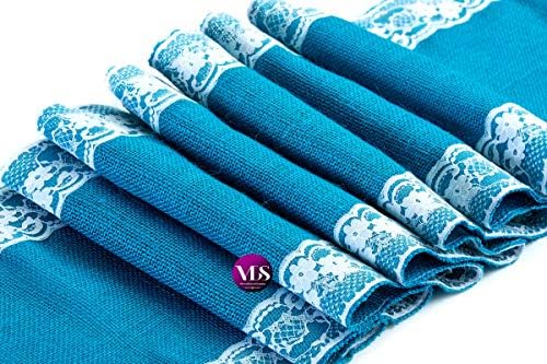 VDS Pack of 12, Burlap Table Runner with White Lace Edge, 100% Natural Jute Rustic Hessian Table Cloth Centerpiece for Wedding Birthday Party Banquet Table Decoration (Size 12X108 Inch)(Teal) - Image 2