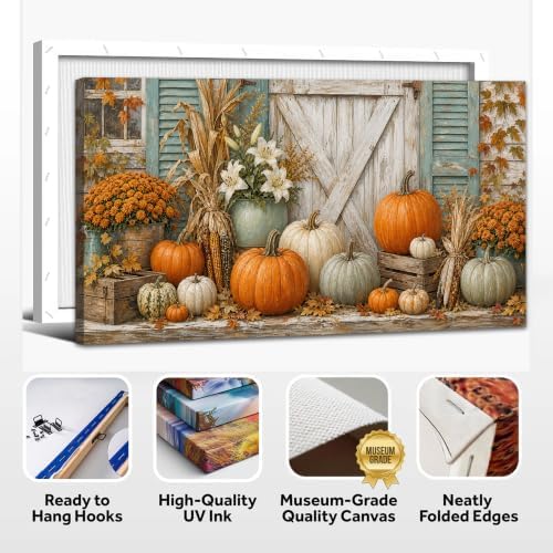 WAXWHELK Pumpkin Fall Canvas Wall Art, Barn Pumpkins Flowers Door Harvest Painting Pictures Rustic Farmhouse Artwork for Home Decor, Autumn Thanksgiving Prints (12"x24") - Image 6